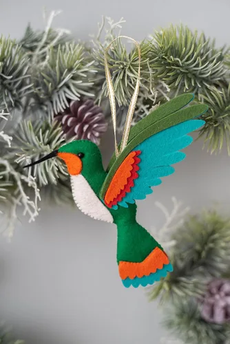 Vista 6 de Adorno de colibrí Adornos de Navidad hechos a mano de fieltro para árbol Rojo, verde, naranja, colibrí, decoración de árbol de Navidad, adorno