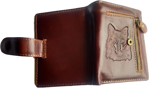 Vista 8 de Hombres Cool Eagle Wolf Caballo Totem Cuero Vaca Cartera Vertical Cremallera Multi-tarjeta Titular de la tarjeta (Wolf Totem A)
