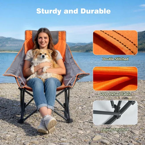 Vista 5 de SUNNYFEEL Silla Mecedora de Camping, Reclinable Acolchada de Lujo, Silla Plegable de Jardín de Gran Tamaño con Bolsillo, Resistente para Naranja