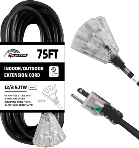 Vista 18 de Cable de extensión GFCI iluminado de 3 pies con 3 tomas de corriente, cable de extensión negro resistente SJTW 12/3 con enchufe a tierra de 3