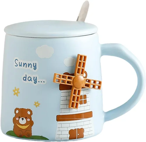 Vista 8 de Taza de globo de aire caliente con tapa, cuchara para niños, taza de leche de dibujos animados, taza 3D, taza de café de cerámica, taza de té