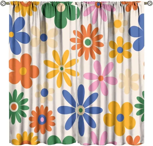 Vista 15 de Cortina de Ventana de Mediados de Siglo con Explosiones de Estrellas, Cortinas con Estampado de Inspiración Atómica para Sala de Estar Dormitorio