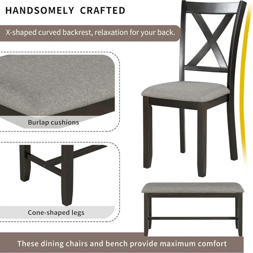 Vista 6 de LUMISOL Juego de mesa de comedor de 6 piezas, mesa de comedor rectangular de 60 pulgadas con sillas tapizadas y banco, juego de mesa de cocina