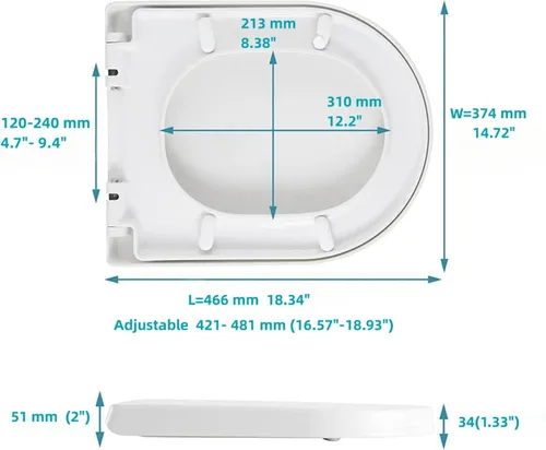 Vista 2 de Asiento de inodoro en forma de D/U, cierre suave y liberación rápida para facilitar la limpieza, diseño de bisagra estable para evitar que se mueva.