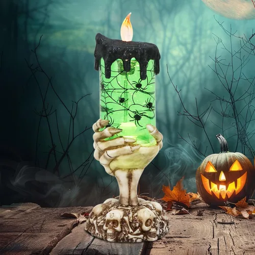 Vista 12 de Vela sin llama de Halloween, globo de nieve, funciona con pilas con temporizador de 6 horas, calcomanía de araña de luz verde, lámpara de tornado