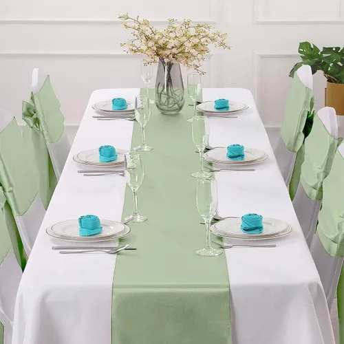 Vista 2 de Horbaunal Juego de 24 Caminos de Mesa de Satén Verde Salvia de 12 x 108 Pulgadas, Caminos de Mesa Suaves para Bodas, Banquetes y Fiestas
