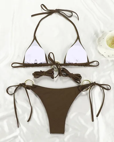 Vista 4 de Women Halter String Bikini Set Sexy Thong Cheeky Two Piece Swimsuits Solid Color Bathing Swimwear