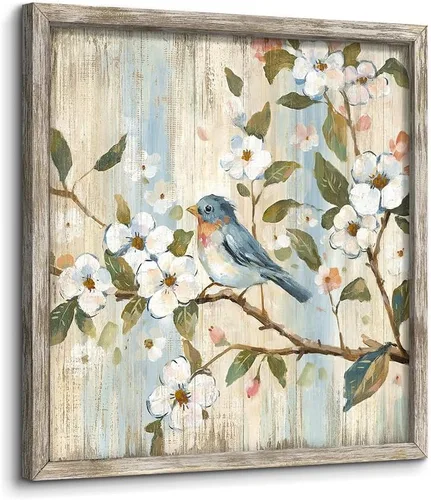 Vista 7 de Decoración de pared floral de pájaro: obra de arte botánica enmarcada imagen de animal en la rama de árbol impresión de madera para baño (12 x 12)