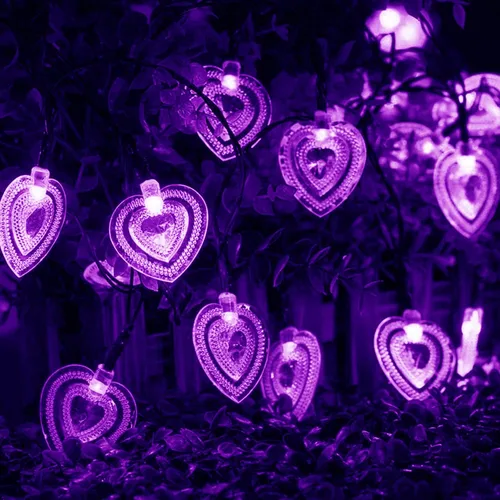 Vista 13 de Guirnalda de luces solares de corazón, impermeable, 20 pies, 30 LED, en forma de corazón, 8 modos, estrellada, boda, fiesta, ambiente, iluminación