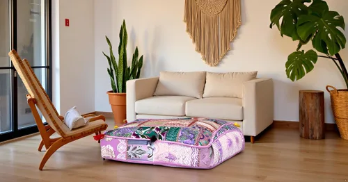 Vista 2 de CRAFT KALA Funda de Puf Tradicional de Retazos Cuadrada India Pufs de Sala de Estar India Otomana de Diseñador Bordada Decorativa Hogar Vida Rosa