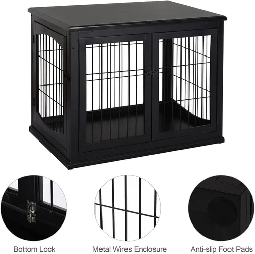 Vista 6 de PawHut Muebles de jaula para perros, mesa auxiliar de jaula para perros pequeños con dos lados de apertura, puerta con cerradura, perrera