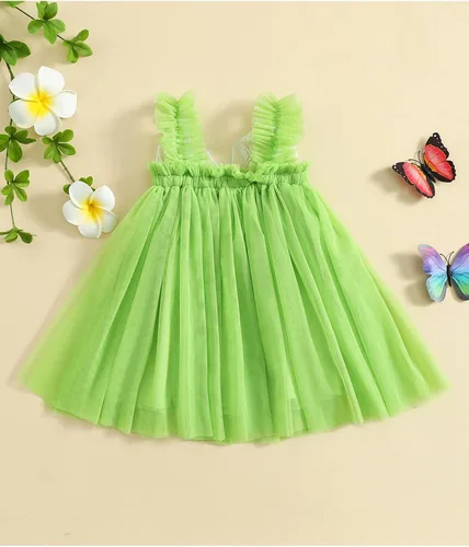 Vista 3 de GuliriFei Disfraz de hada verde para niñas de Halloween, vestido de princesa sin mangas con mariposa Tinkerbell disfraz de hada