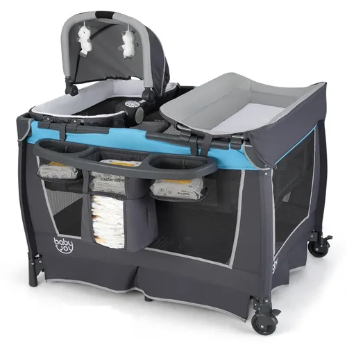 Vista 10 de BABY JOY Paquete y juego 5 en 1, corralito portátil para bebé con moisés y cambiador de pañales, cuna central para guardería infantil con juguetes