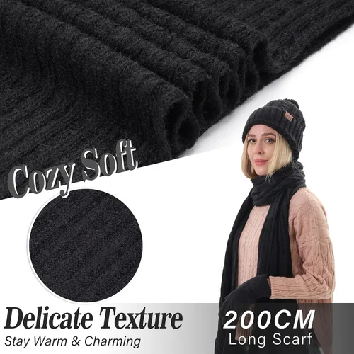 Vista 4 de Womens Winter Warm Beanie Hat Touchscreen Gloves Long Scarf Set Rib Cable Knit Fleece Lined Skull Pom Caps