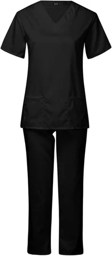 Vista 2 de Qliuoazw Conjunto de uniforme médico para enfermera, uniforme médico, sólido, elástico, traje de uniforme médico, cuello en V, bolsillo, camisas