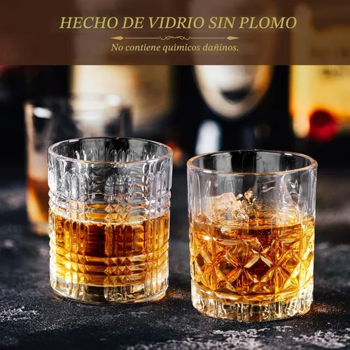 Vista 5 de Juego de vasos de whisky de 6 a 10 onzas con patrones mixtos de cristal, 3 estilos únicos con 6 moldes de bolas de hielo (2 pulgadas) para cócteles