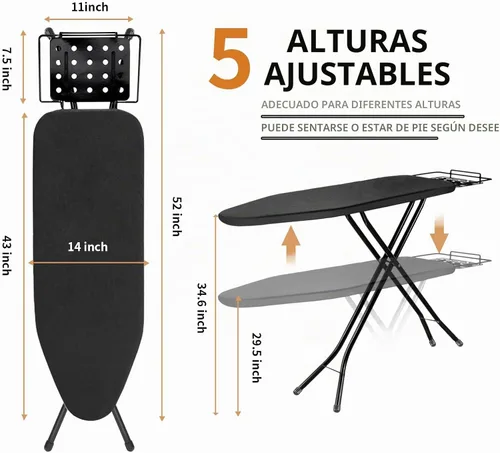 Vista 2 de Tabla de planchar, tabla de planchar de 43 x 14 pulgadas con soporte de vapor, patas de marco de metal resistente con alfombrilla de cubierta Negro