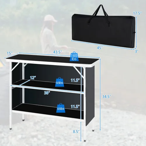 Vista 3 de HAPPYGRILL Mesa de campamento plegable con almacenamiento, mesa de picnic de aluminio con estantes de 2 niveles, mesa grande, bolsa de transporte