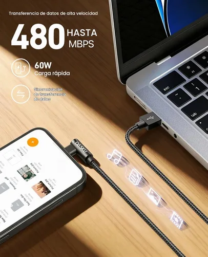 Vista 5 de Cable USB a USB C de 90 grados de 60 W, carga rápida de 3 pies, paquete de 2 cables USB A a USB C, cable USB tipo C de ángulo recto para iPhone Negro