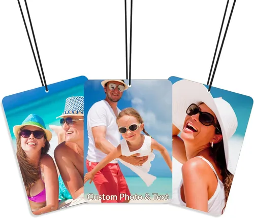 Vista 8 de Ambientador de aire personalizado con foto para automóvil, ambientador de doble cara personalizado para automóvil, ambientador de olor con texto