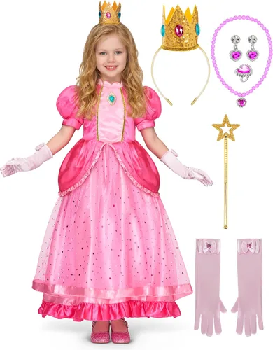 Vista 11 de Spooktacular Creations Vestido de princesa rosa de Halloween, vestido de princesa para niños, disfraz de corona de melocotón para cumpleaños de niñas