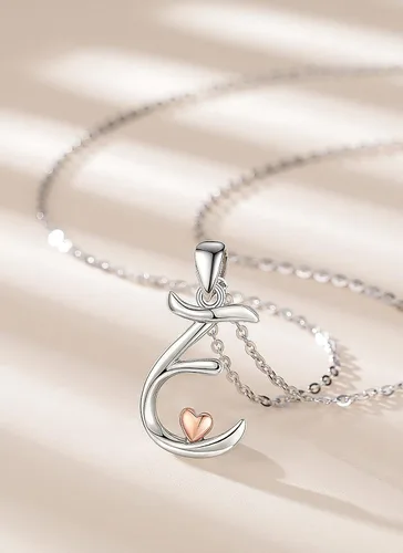 Vista 2 de CELESTIA Collares con iniciales de plata de ley 925, 26 letras con corazón de oro rosa, cadena de 18 pulgadas