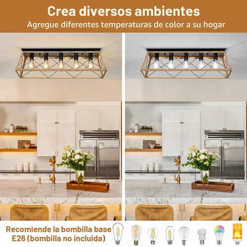 Vista 5 de 31.5" Flush Mount Ceiling Light Fixture, 5-Light Vintage Industrial Cage Chandelier for Dining Room, Kitchen Island, Living Room, Dimmable Semi