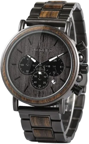 Vista 9 de BOBO BIRD Relojes de madera para hombre, con cronógrafo combinado de madera y acero inoxidable, cuarzo militar, relojes de pulsera casuales