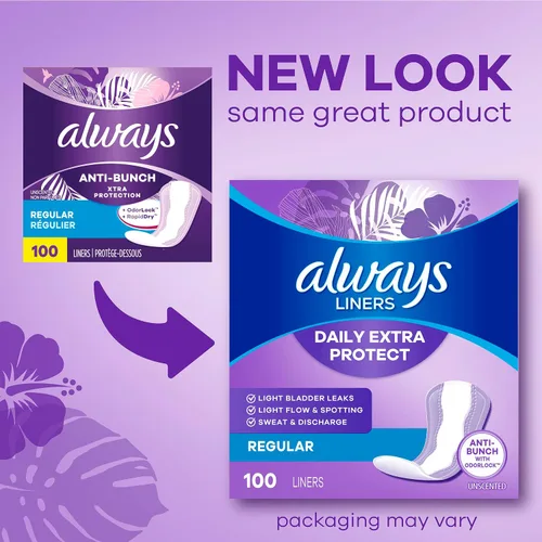 Vista 2 de Always Panty Liners para mujer Anti-Bunch Xtra Protection Daily Liners, largos, sin perfume, 108 unidades (paquete de 4)