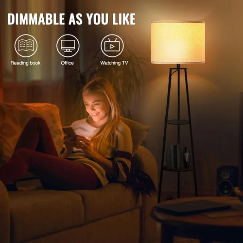 Vista 6 de Lámpara de pie, lámpara de pie con estante esquinero redondo de 3 niveles con 3 niveles regulables - Lámpara de pie simple con pantalla de tela