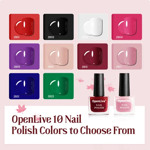 Vista 3 de OpenLive Juego de 12 esmaltes de uñas con combinación de 10 colores, 2 capas base y superior, esmalte de uñas de secado rápido de larga duración