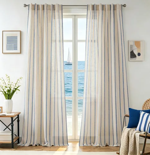 Vista 112 de DriftAway Cortinas de estilo granja con rayas verticales de lino mezclado texturizado con filtro de luz semitransparente para sala de estar