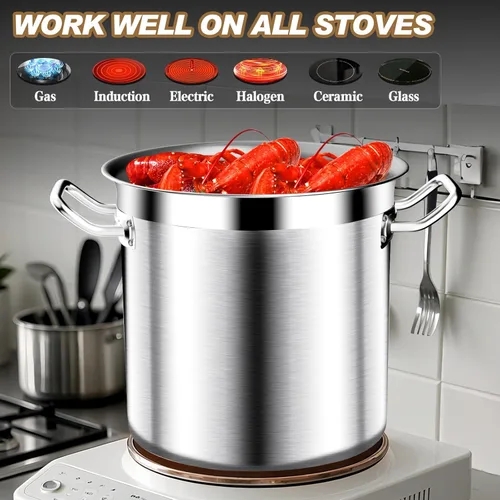 Vista 3 de Olla de Caldo de Acero Inoxidable Cepillado de 20 Cuartos con Tapa - Olla de Caldo Grande - Ollas de Caldo de Inducción de Servicio Pesado de Grado