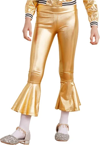Vista 2 de JEATHA Pantalones acampanados metálicos brillantes para niñas y niñas, pantalones de baile de discoteca con parte inferior de campana, pantalones