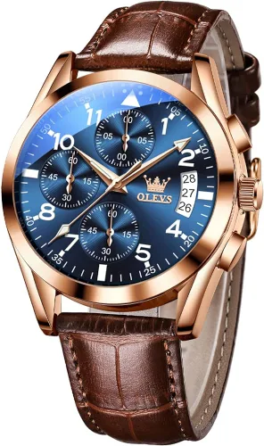 Vista 7 de OLEVS Reloj cronógrafo de cuarzo para hombre correa de cuero dorada con fecha de día reloj de pulsera de acero inoxidable impermeable relojes