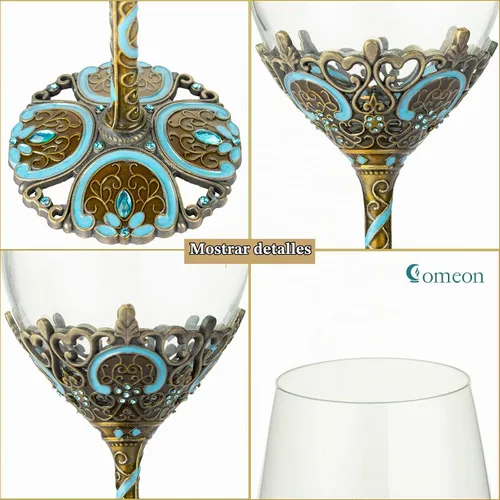 Vista 2 de Copas de vino transparentes hechas a mano, copas de vino tinto, juego de 2 Copas florales esmaltadas en azul, diseño artesanal, juego de 2