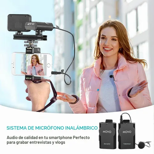 Vista 2 de Movo Kit de video inalámbrico para teléfono inteligente V2+ con trípode, agarre, micrófono de solapa inalámbrico, luz LED y control remoto,