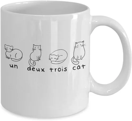Vista 2 de ODDITEES Linda taza de gato para amantes de los gatos Un Deux Trois Cat Coffee Cup 11oz Blanco