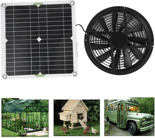 Vista 4 de Kit de ventilador de panel solar, ventilador de escape solar impermeable de 100 W 12 V, ventilador portátil con malla de protección metálica