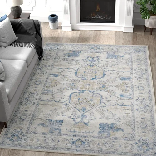 Vista 120 de jinchan Lima - Alfombra simétrica floral geométrica lavable, alfombra de entrada de medio círculo de 2 x 3, alfombra de media luna, suave y Azul
