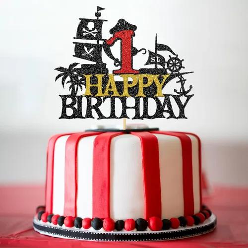 Vista 4 de Decoración para pastel de cumpleaños de 1er cumpleaños, barco pirata náutico de vela para primer cumpleaños, decoración de fiesta de cumpleaños