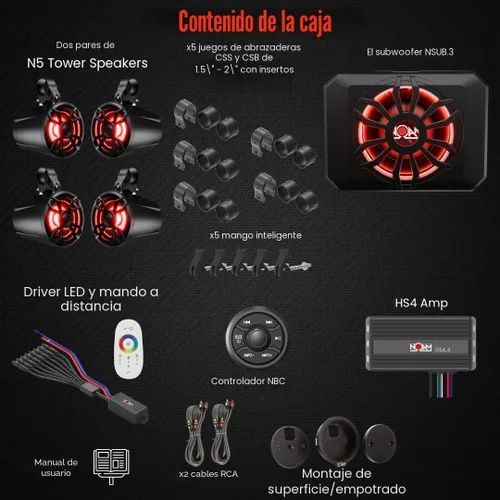 Vista 2 de NOAM NUTV5-S Quad PRO - Kit de sistema estéreo marino ATV/carrito de golf/UTV, con 4 altavoces de torre de luz LED impermeables, subwoofer