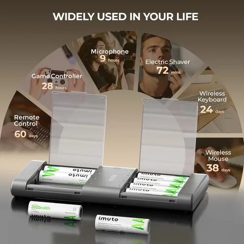 Vista 6 de imuto Baterías recargables AA con cargador, baterías de litio AA de 2000 mAh, paquete de 8, cargador de baterías de litio AA delgado de 8 ranuras