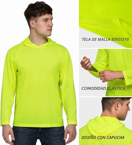 Vista 5 de ProtectX Paquete de 2 sudaderas con capucha para hombre Hi Vis, ligera, larga, para el sol, con capucha Verde neón - Paquete de 2