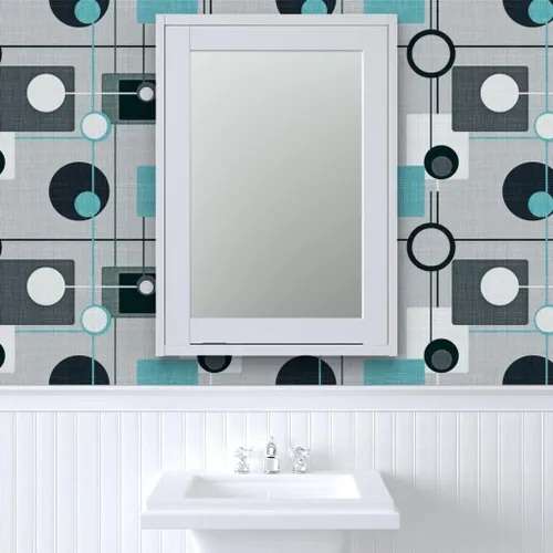 Vista 9 de Papel tapiz para despegar y pegar – Orbs Squares Grey Aqua Black White Vintage Blue Retro Circles Papel pintado personalizado extraíble por