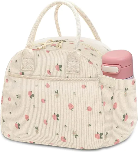 Vista 19 de Carry bloom Lonchera para mujer, lonchera aislada, bonita lonchera de pana reutilizable para el trabajo (1 rayas blancas y negras)