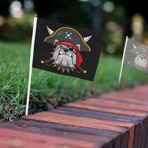 Vista 7 de Bandera de mano de bulldog pirata 5.5x 8 pulgadas, bandera pequeña de palo mini, para interiores y exteriores, decoración para fiestas, paquete de 10