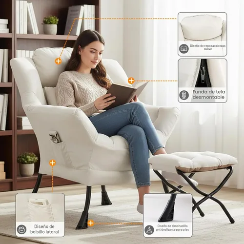 Vista 4 de Silla Lazy con otomana, cómoda silla de lectura para dormitorio Melocotón Beige-1