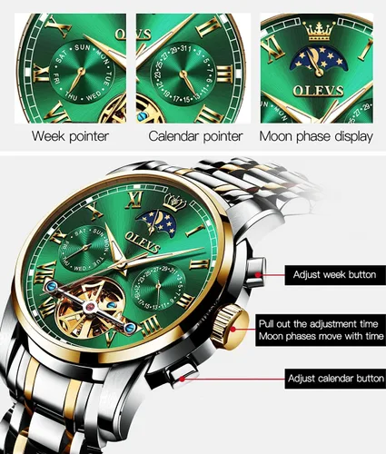 Vista 6 de OLEVS Relojes mecánicos automáticos para hombre, vestido de lujo, impermeable, cuerda automática, cronógrafo, de acero inoxidable, fecha luminosa