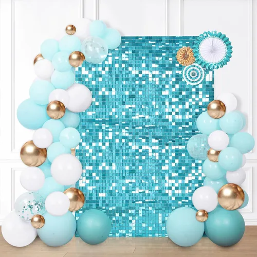 Vista 21 de 12 paneles cuadrados de lentejuelas brillantes para pared color azul claro (Baby Blue) telón de fondo decorativo para fiestas de bodas